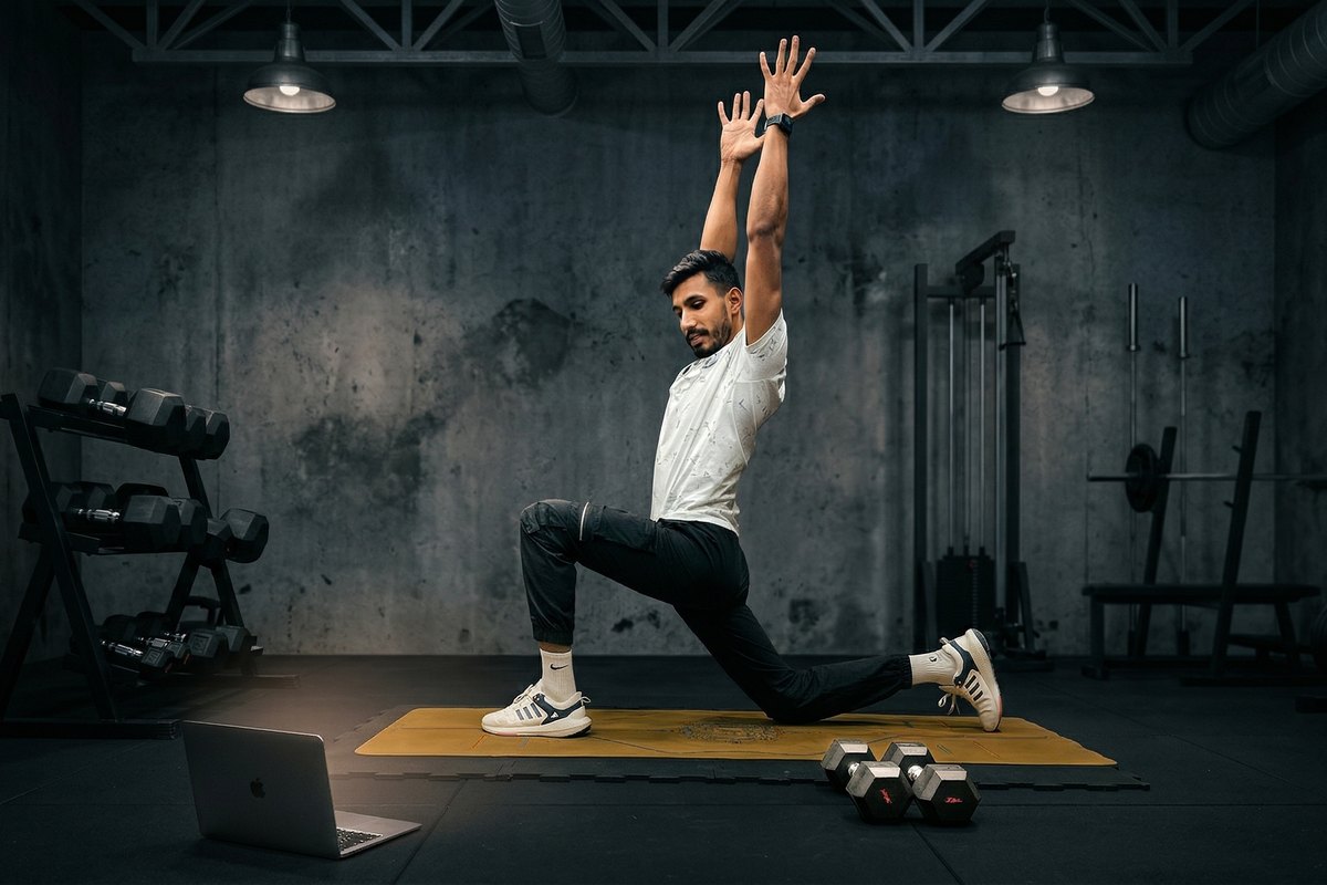 Maddy mid live 1-on-1 coaching session — laptop open, training in his cinematic gym