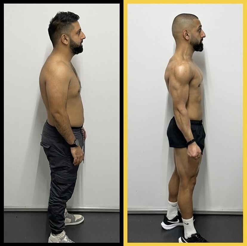 Client transformation — side profile fat loss, Customised Programme