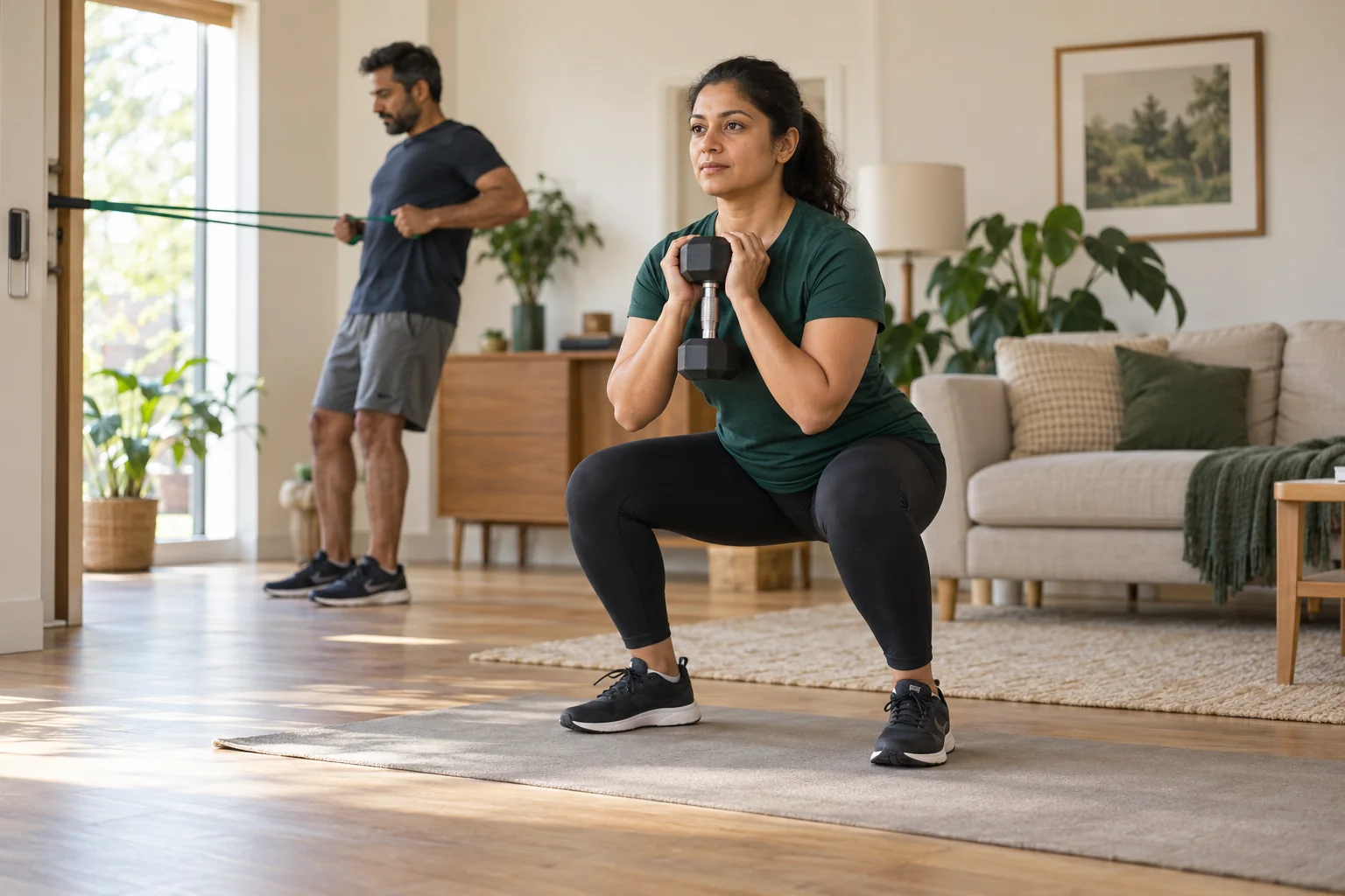 Illustrative scene of a woman practising a strength exercise at home, with a man training independently nearby.