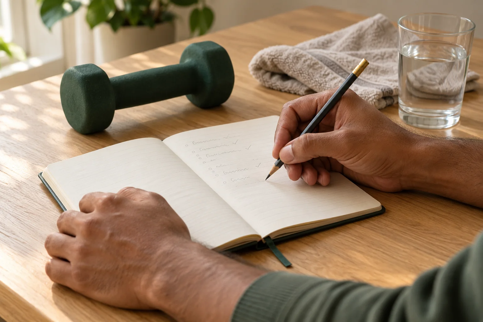 Illustrative close-up of a training notebook, hands reviewing notes, a dumbbell and a glass of water.