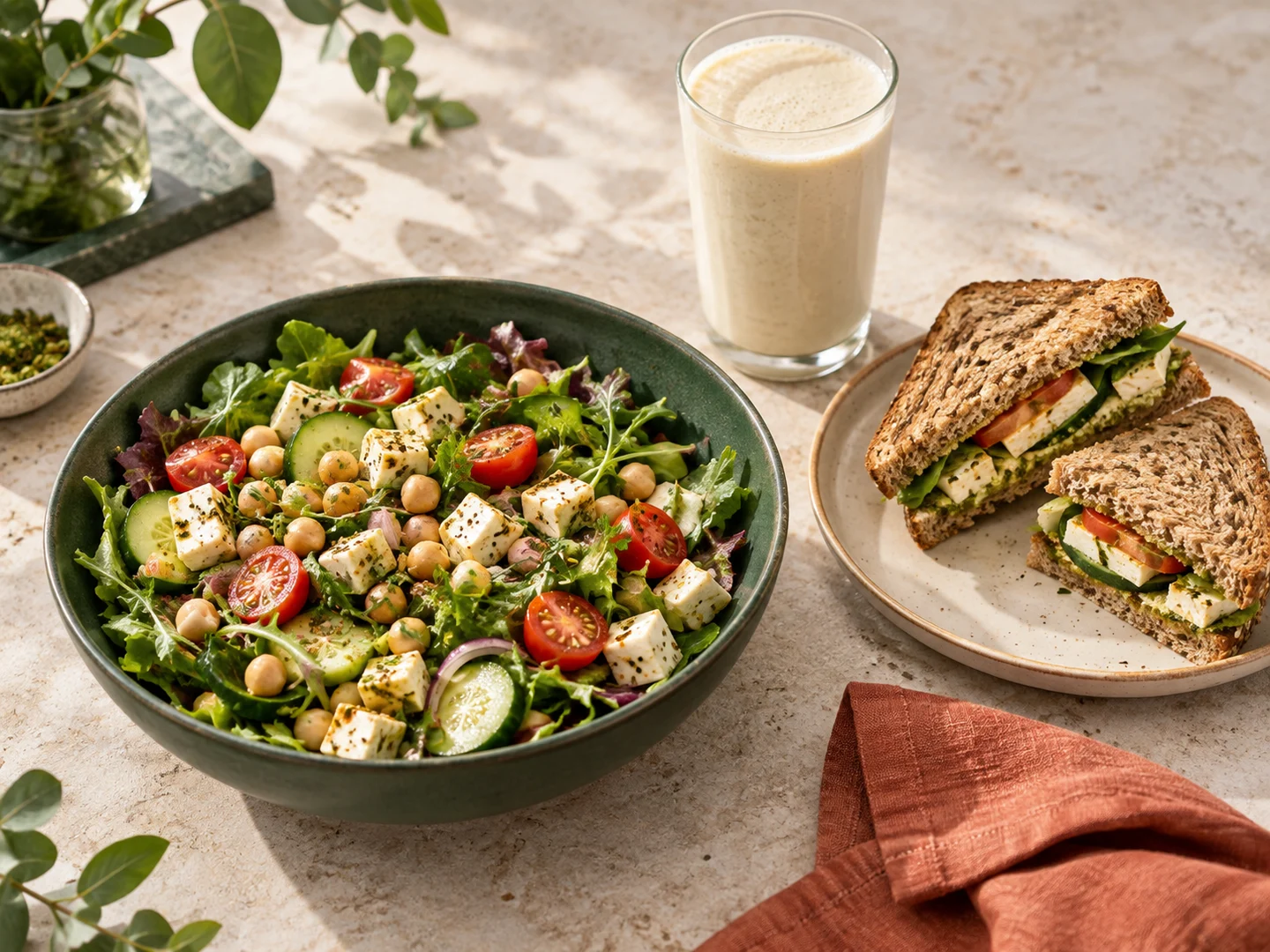 A fresh salad, wholegrain sandwich and protein shake on a table.