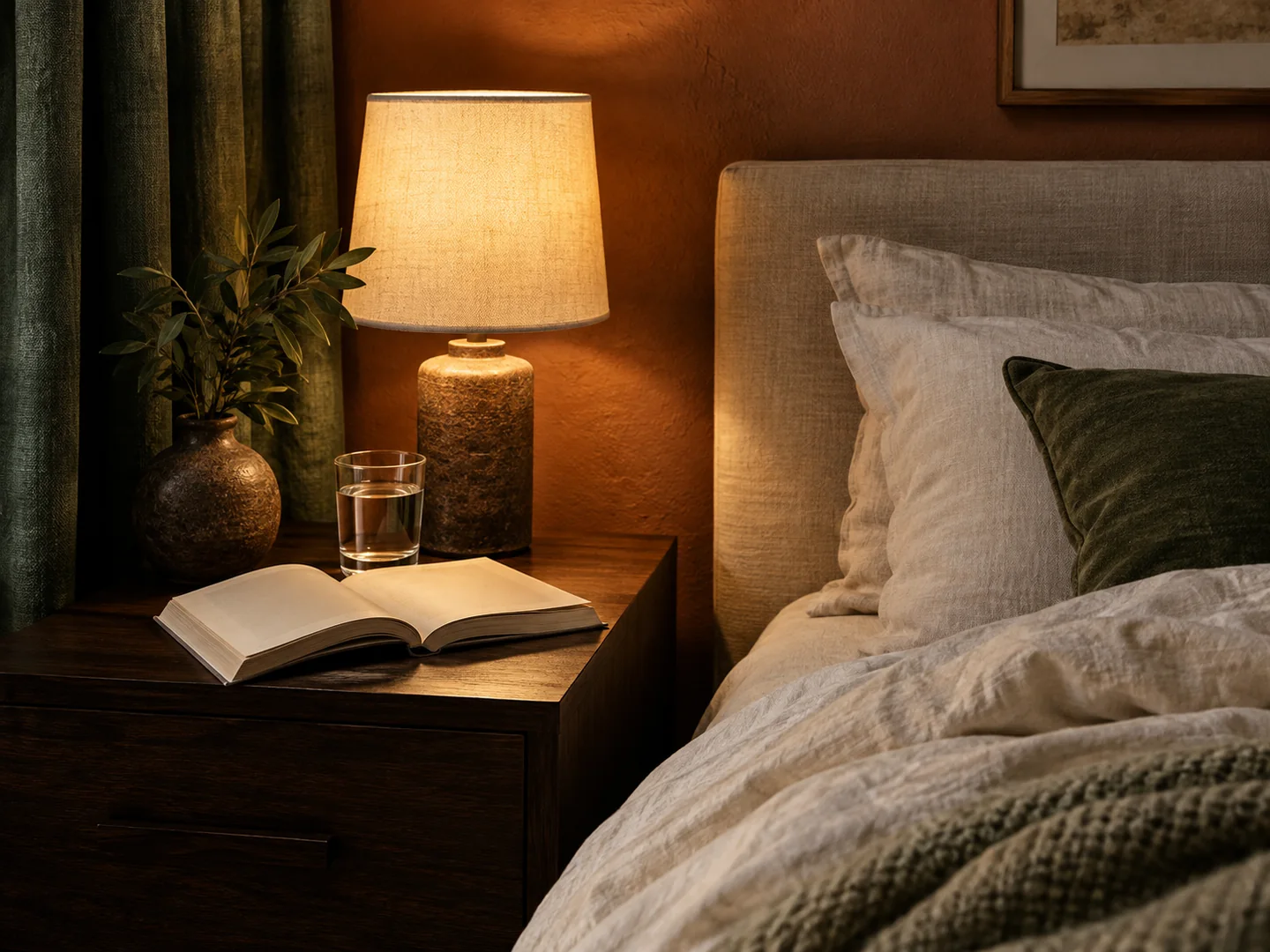 A quiet evening space with a book, water and warm light.