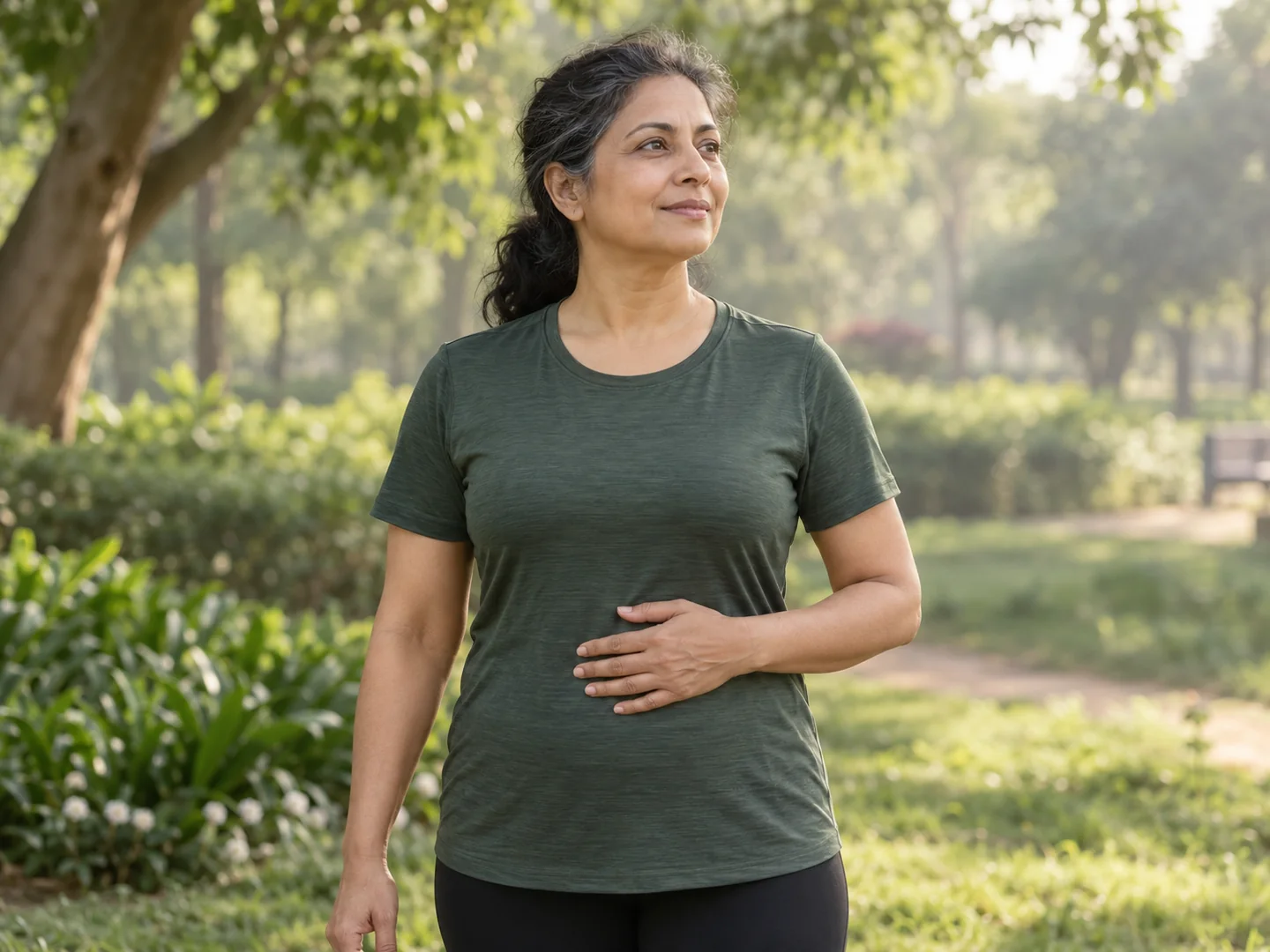 A woman standing outdoors, observing her natural breathing with a hand resting lightly on her abdomen.