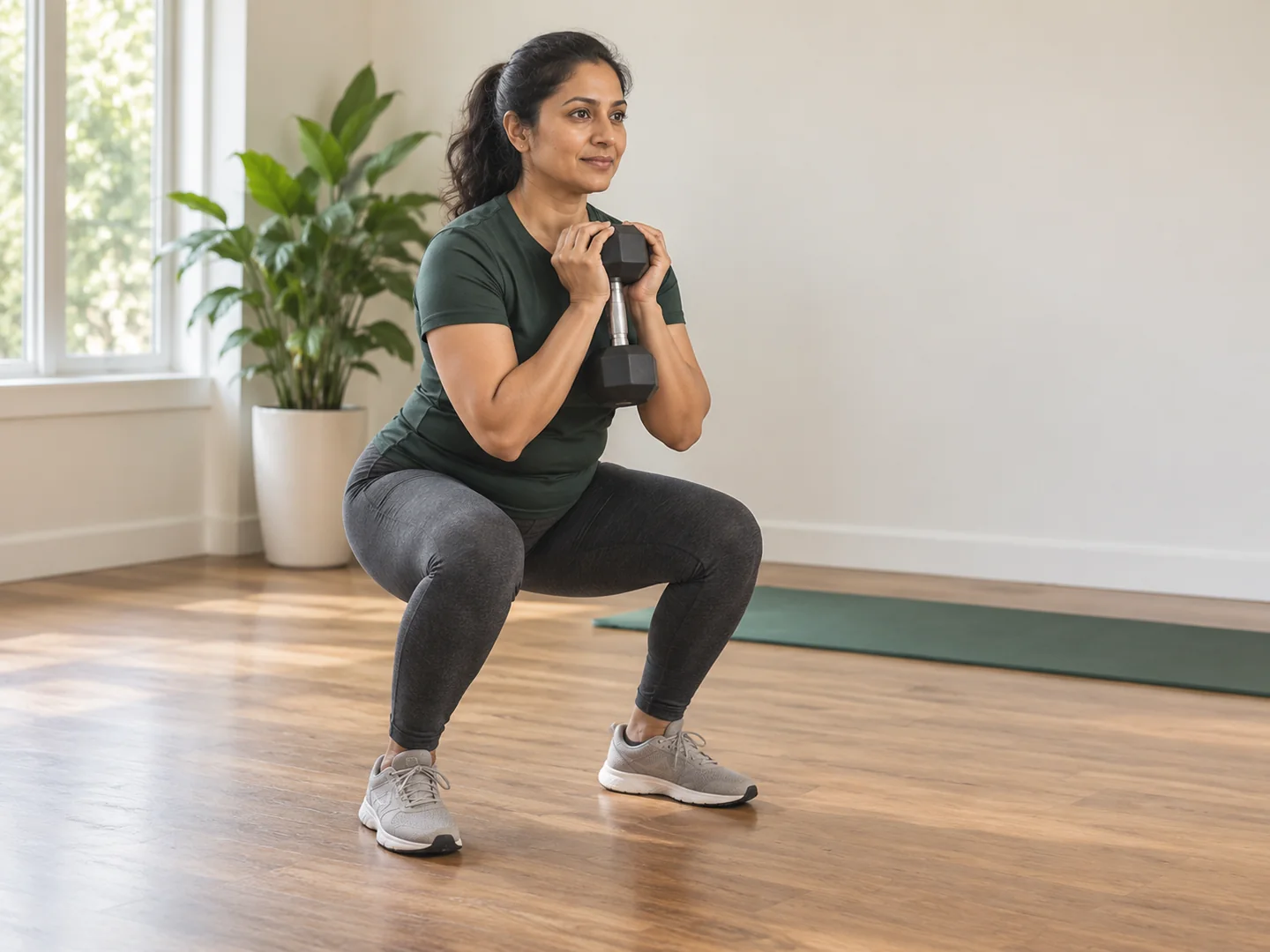 Illustrative scene of a woman practising a dumbbell squat at home.