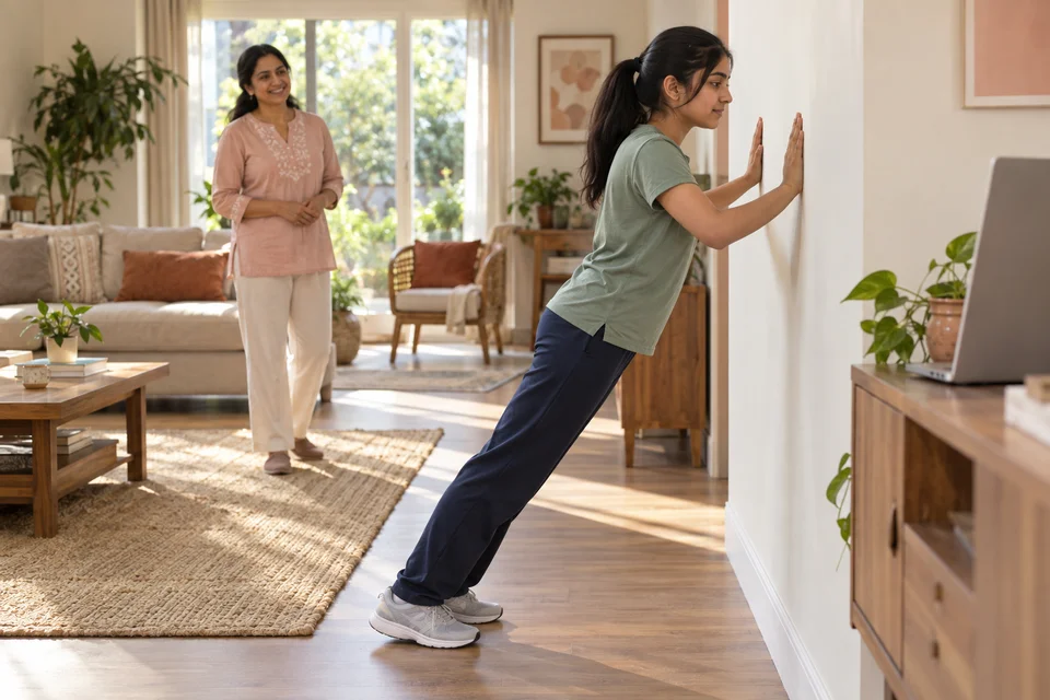 Illustrative scene of a young person practising a controlled wall push-up with a parent nearby.