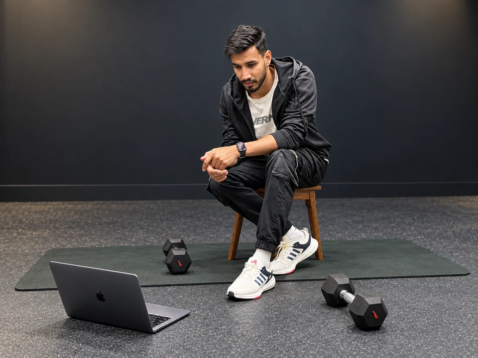 Mandeep Maddy Jakhar beside his laptop and training mat, ready for an online coaching session.